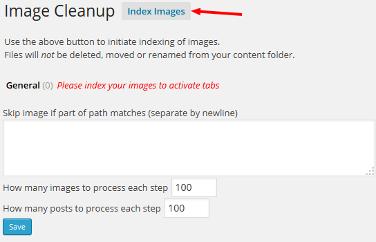 ImageCleanup - bước 1: Tạo index cho chúng bằng cách click vào nút Index Images